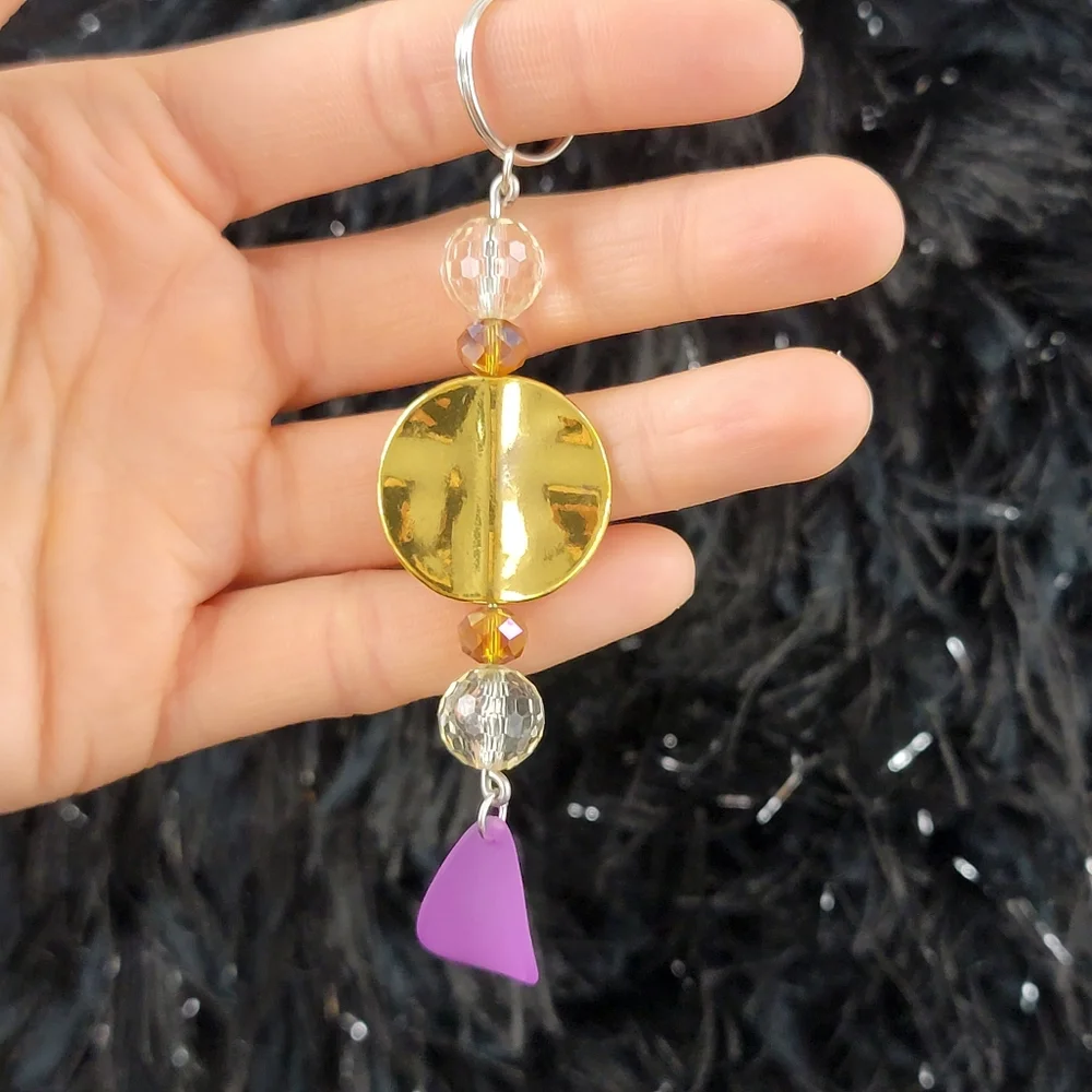 Handmade Gold & Violet Charm Keychain Bag Charm Crystal Beaded Accessory